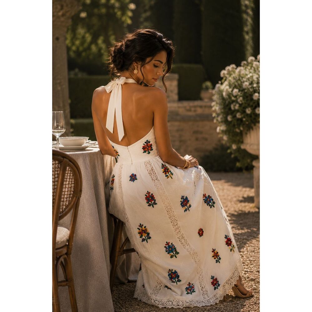 Vintage 70s Embroidered Floral Halter Maxi Dress Sz S Boho Cottage Garden - Picture 2 of 15